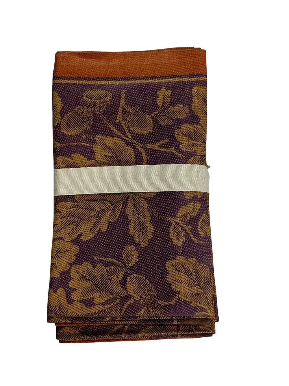 Williams Sonoma Acorn Jacquard Cotton Linen Napkins Set of 4 Purple Gold NOS
